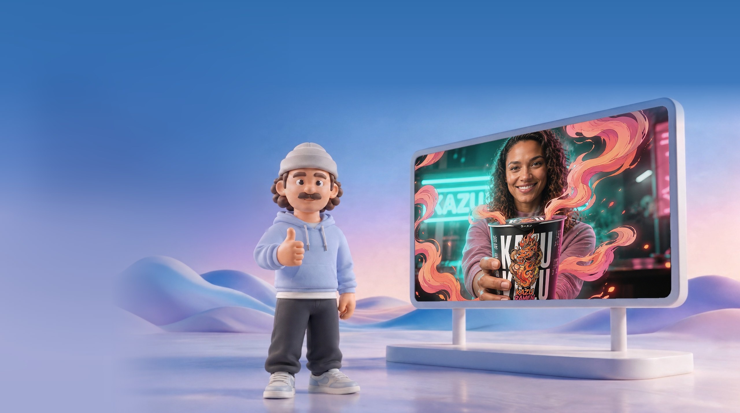 Mike, die Dreambeam-Figur, zeigt Daumen hoch vor einer LED-Wand mit einem AI-Werbefilm